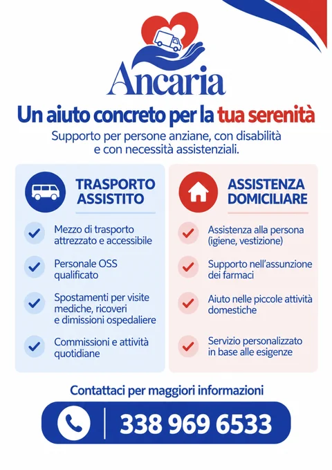 Anteprima del volantino Ancaria: titolo «Un aiuto concreto per la tua serenità», elenco dei servizi di trasporto assistito e assistenza domiciliare e numero 338 969 6533